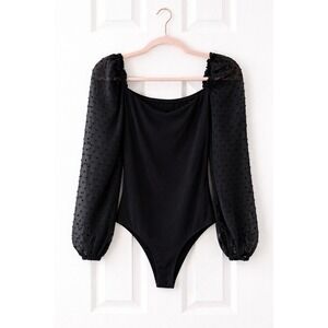 Lilou Black Swiss Dot Puff‎ Sleeve Sheer Chiffon Bodysuit Size M